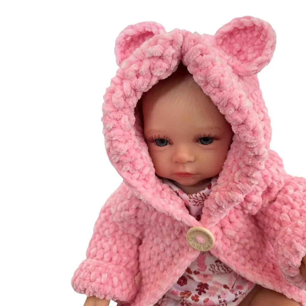 Handmade Pink Chenille Newborn Baby Hoodie & Booties Set Bear Ears Soft Plush - Picture 3 of 16